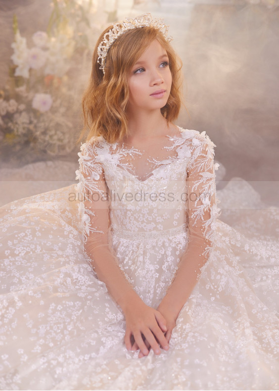 Long Sleeves Beaded Ivory Lace Tulle Floral Flower Girl Dress